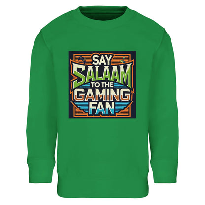 Kelly Green / Spring Green / Sea Green / Eucalyptus children’s sweatshirt featuring the Say Salaam to the Gaming Fan graphic in a bold retro arcade block with vintage-inspired typography. A soft brushed fleece cotton-poly blend long-sleeve top or jumper for youngsters who thrive in online squads, esports streams and competitive console gaming. Durable, modest everyday wear for boys and girls building skills and confidence in digital gaming culture.