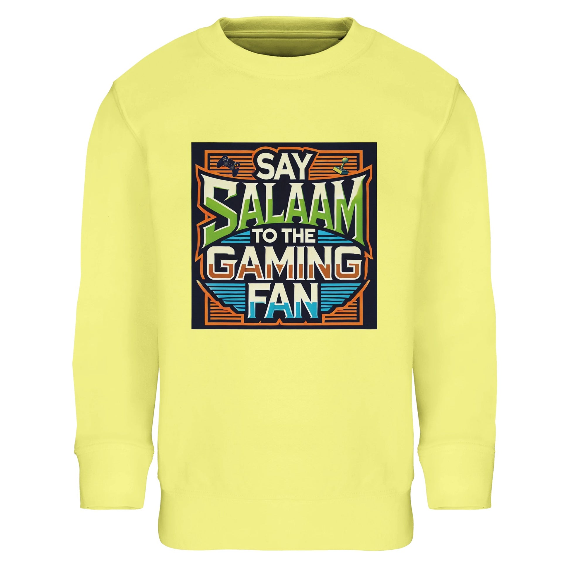Light Yellow / Lemon Chiffon children’s long-sleeve sweatshirt showcasing the Say Salaam to the Gaming Fan design in a bright retro gaming frame with vintage lettering. A cosy cotton and recycled polyester blend top for young gamers who move between story mode, ranked matches and weekend console tournaments. A modest, standout sweatshirt for boys and girls who carry identity and positivity into global online multiplayer arenas.