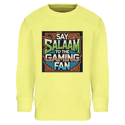 Light Yellow / Lemon Chiffon children’s long-sleeve sweatshirt showcasing the Say Salaam to the Gaming Fan design in a bright retro gaming frame with vintage lettering. A cosy cotton and recycled polyester blend top for young gamers who move between story mode, ranked matches and weekend console tournaments. A modest, standout sweatshirt for boys and girls who carry identity and positivity into global online multiplayer arenas.