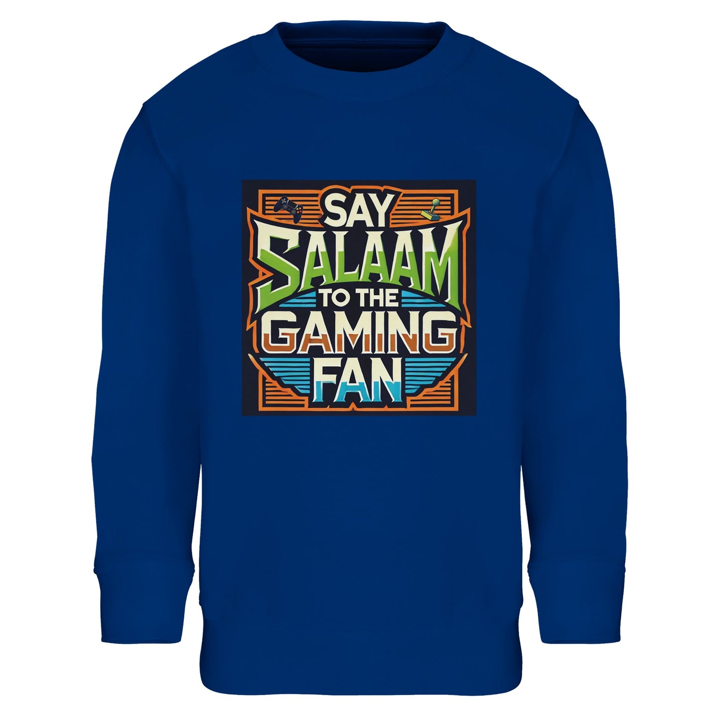 Royal Blue / Dark Midnight Blue children’s sweatshirt featuring the Say Salaam to the Gaming Fan graphic in a classic retro arcade frame with vintage-style typography. A soft brushed fleece cotton-poly blend long-sleeve top for young gamers chasing leaderboard wins and esports recognition. A modest everyday sweatshirt or jumper for boys and girls who move from school corridors to online multiplayer arenas with confidence and identity, at a good price.