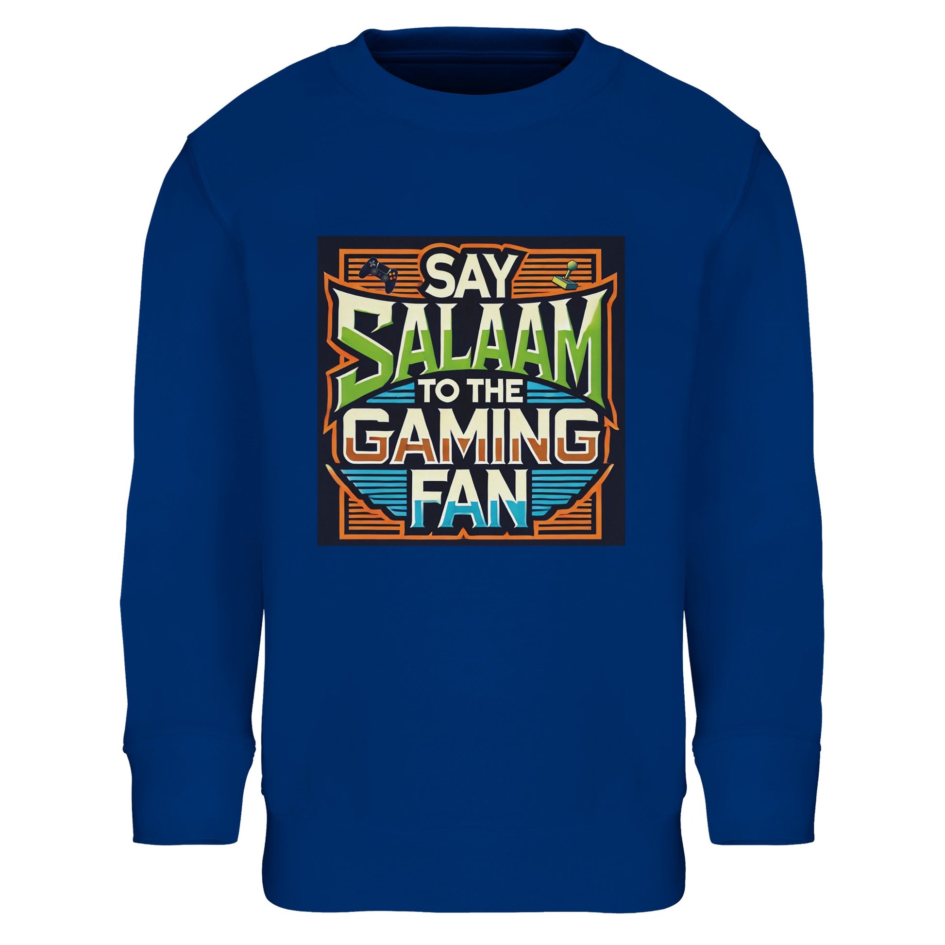 Royal Blue / Dark Midnight Blue children’s sweatshirt featuring the Say Salaam to the Gaming Fan graphic in a classic retro arcade frame with vintage-style typography. A soft brushed fleece cotton-poly blend long-sleeve top for young gamers chasing leaderboard wins and esports recognition. A modest everyday sweatshirt or jumper for boys and girls who move from school corridors to online multiplayer arenas with confidence and identity, at a good price.