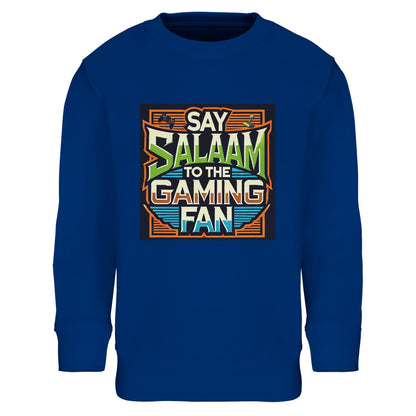 Royal Blue / Dark Midnight Blue children’s sweatshirt featuring the Say Salaam to the Gaming Fan graphic in a classic retro arcade frame with vintage-style typography. A soft brushed fleece cotton-poly blend long-sleeve top for young gamers chasing leaderboard wins and esports recognition. A modest everyday sweatshirt or jumper for boys and girls who move from school corridors to online multiplayer arenas with confidence and identity, at a good price.