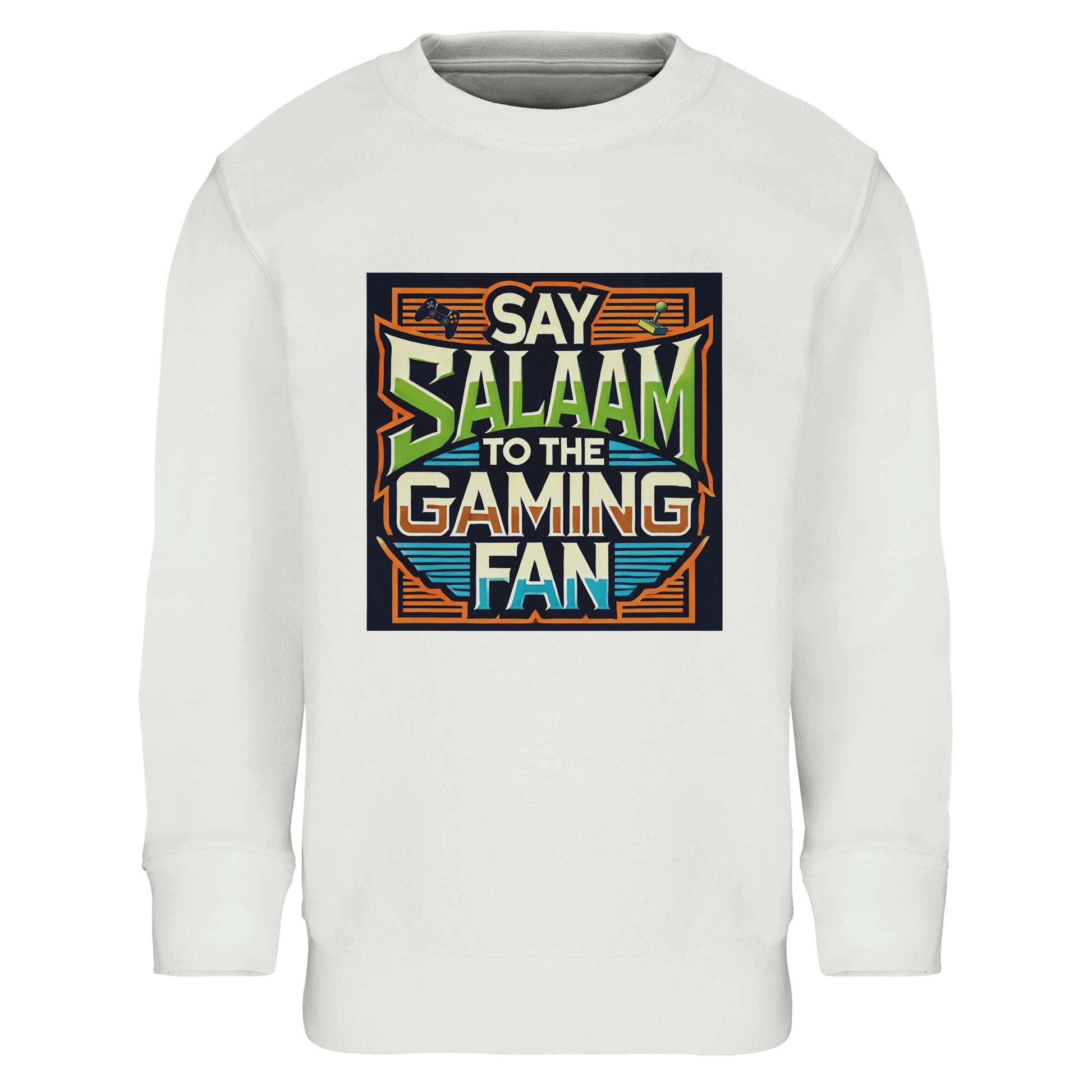 White / Platinum kids sweatshirt featuring the Say Salaam to the Gaming Fan graphic in a bold retro arcade frame with vintage gaming-style lettering. A soft cotton and recycled polyester blend long-sleeve top for children who live for multiplayer sessions, PlayStation tournaments, Xbox matches and FIFA or Call of Duty marathons. A modest everyday sweatshirt for boys and girls who bring peace to the playground, classroom and online gaming communities.