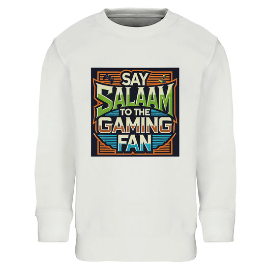 White / Platinum kids sweatshirt featuring the Say Salaam to the Gaming Fan graphic in a bold retro arcade frame with vintage gaming-style lettering. A soft cotton and recycled polyester blend long-sleeve top for children who live for multiplayer sessions, PlayStation tournaments, Xbox matches and FIFA or Call of Duty marathons. A modest everyday sweatshirt for boys and girls who bring peace to the playground, classroom and online gaming communities.