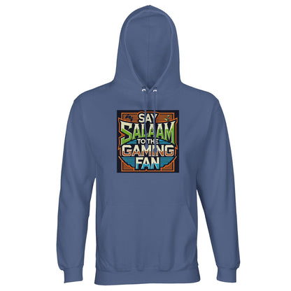 Say Salaam to the Gaming Fan Design #1 Part-Recycled Unisex Cotton-Poly Hoodie (dark) – Blue. A Blue hoodie with a Say Salaam graphic for Gaming fans. A casual clothing option for everyday outfits, fan-themed gifts and relaxed occasions.