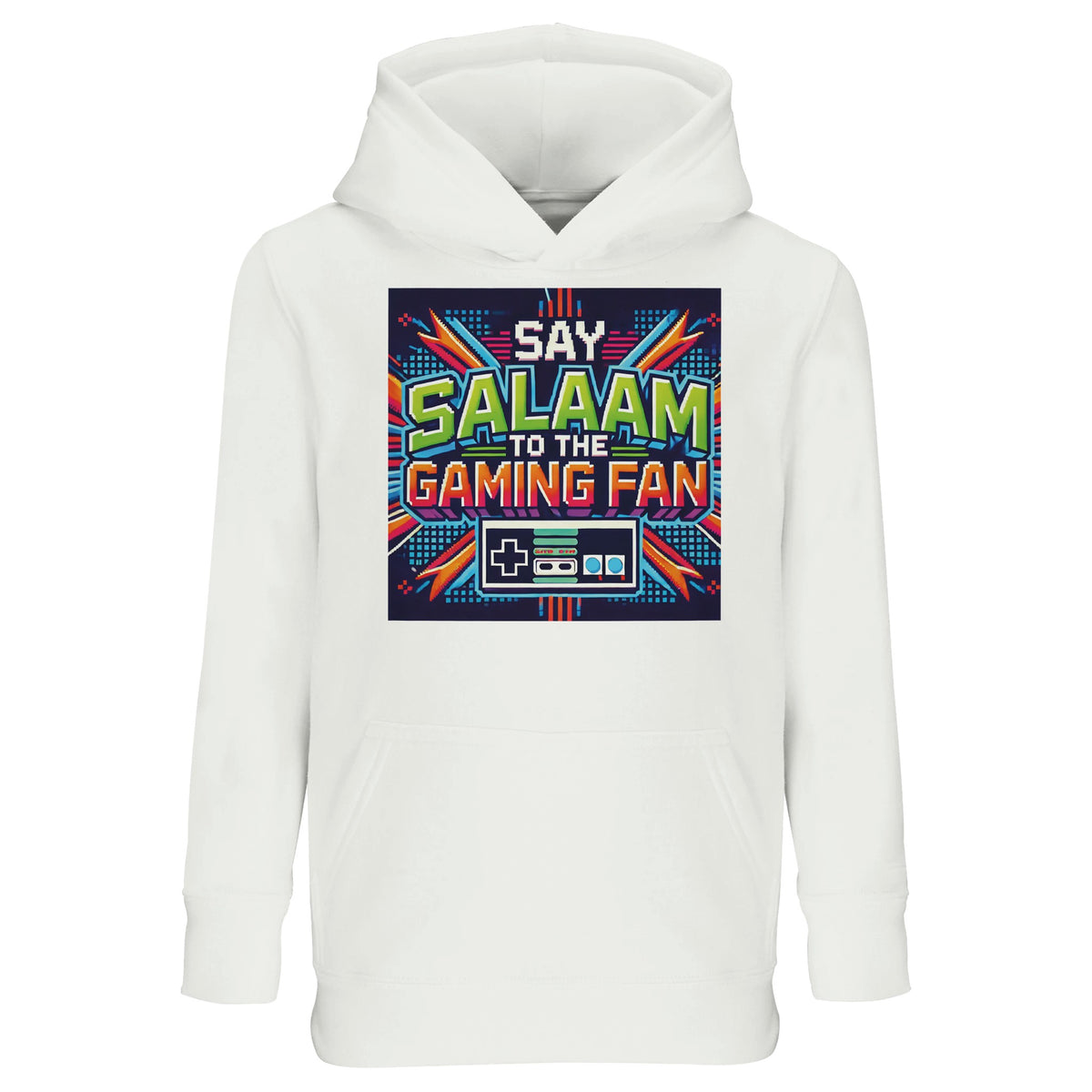 Say Salaam to the Gaming Fan Design #2 Part-Recycled Cotton-Poly Kids Hoodie – 10Y. A 10Y hoodie with a Say Salaam graphic for Gaming fans. A casual clothing option for everyday outfits, fan-themed gifts and relaxed occasions.