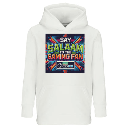 Say Salaam to the Gaming Fan Design #2 Part-Recycled Cotton-Poly Kids Hoodie – 10Y. A 10Y hoodie with a Say Salaam graphic for Gaming fans. A casual clothing option for everyday outfits, fan-themed gifts and relaxed occasions.