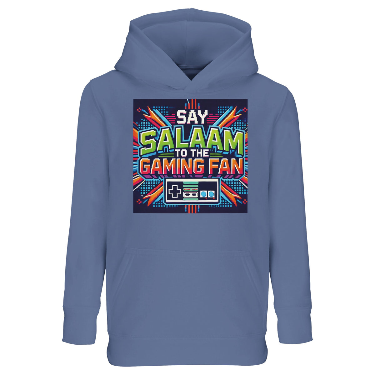 Say Salaam to the Gaming Fan Design #2 Part-Recycled Cotton-Poly Kids Hoodie – 10Y. Say Salaam supporter design celebrating Gaming. A graphic hoodie for casual outfits, everyday wear and thoughtful gifts.