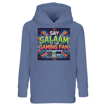 Say Salaam to the Gaming Fan Design #2 Part-Recycled Cotton-Poly Kids Hoodie – 10Y. Say Salaam supporter design celebrating Gaming. A graphic hoodie for casual outfits, everyday wear and thoughtful gifts.