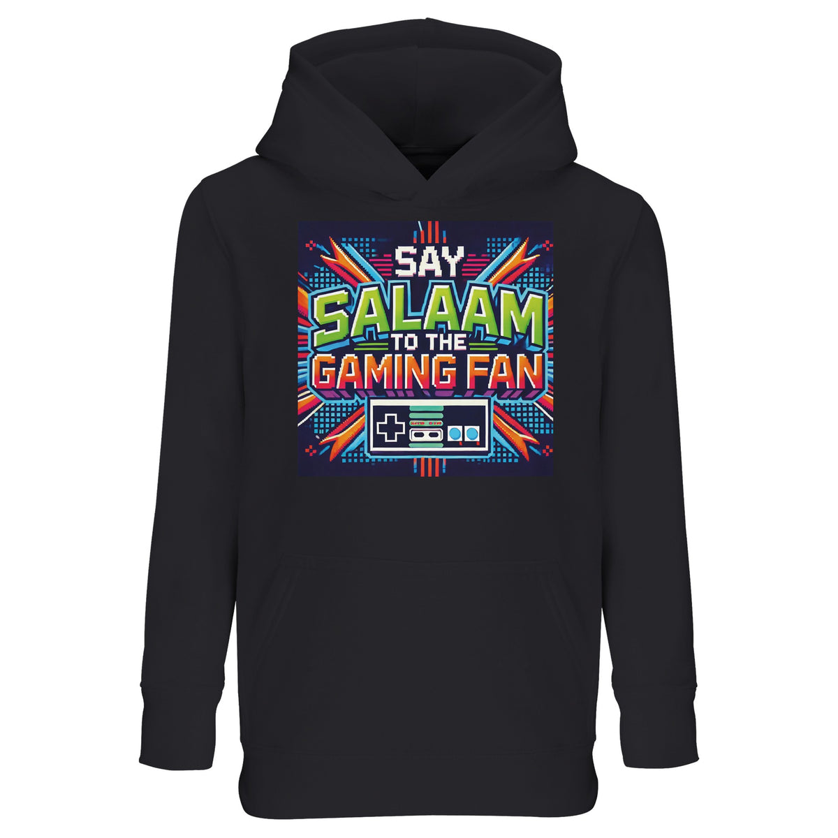 Say Salaam to the Gaming Fan Design #2 Part-Recycled Cotton-Poly Kids Hoodie – 10Y. Say Salaam supporter design celebrating Gaming. This slogan-led hoodie offers relaxed clothing and an original present for supporters.