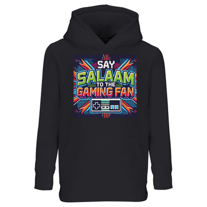Say Salaam to the Gaming Fan Design #2 Part-Recycled Cotton-Poly Kids Hoodie – 10Y. Say Salaam supporter design celebrating Gaming. This slogan-led hoodie offers relaxed clothing and an original present for supporters.