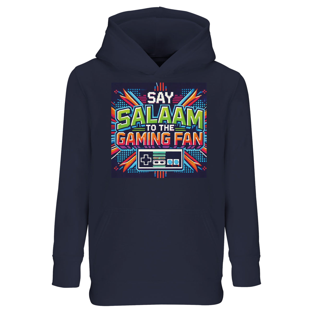 Say Salaam to the Gaming Fan Design #2 Part-Recycled Cotton-Poly Kids Hoodie – 10Y. Say Salaam supporter design celebrating Gaming. A graphic hoodie for casual outfits, everyday wear and thoughtful gifts.