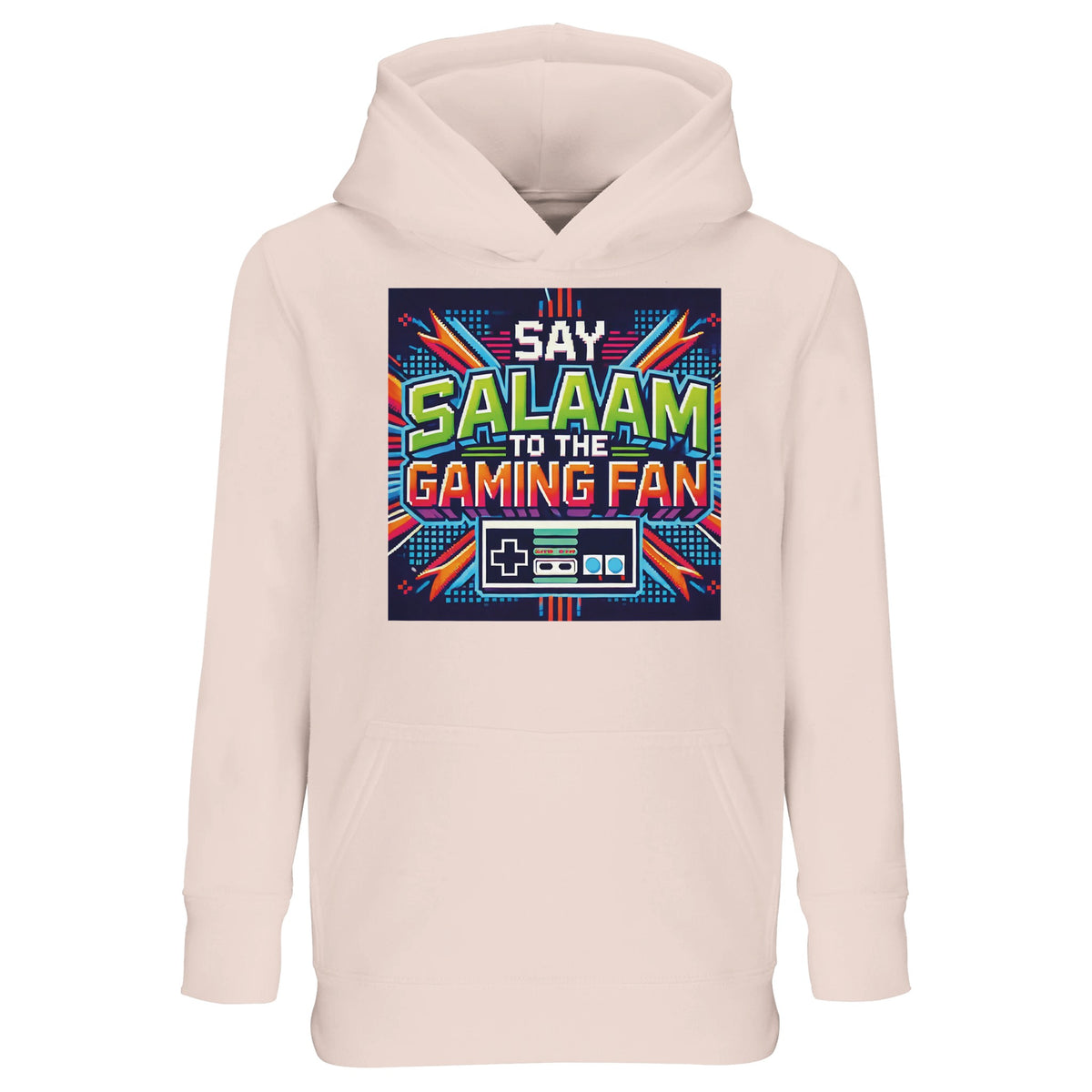 Say Salaam to the Gaming Fan Design #2 Part-Recycled Cotton-Poly Kids Hoodie – 10Y. Say Salaam supporter design celebrating Gaming. A printed hoodie for informal occasions, weekend outfits and gifting.