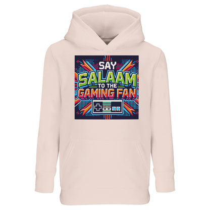 Say Salaam to the Gaming Fan Design #2 Part-Recycled Cotton-Poly Kids Hoodie – 10Y. Say Salaam supporter design celebrating Gaming. A printed hoodie for informal occasions, weekend outfits and gifting.
