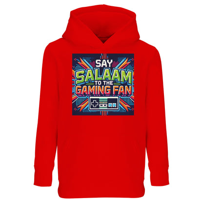 Say Salaam to the Gaming Fan Design #2 Part-Recycled Cotton-Poly Kids Hoodie – 8Y. A 8Y hoodie with a Say Salaam graphic for Gaming fans. A casual clothing option for everyday outfits, fan-themed gifts and relaxed occasions.