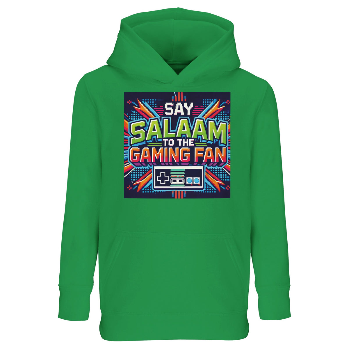Say Salaam to the Gaming Fan Design #2 Part-Recycled Cotton-Poly Kids Hoodie – 8Y. Say Salaam supporter design celebrating Gaming. This slogan-led hoodie offers relaxed clothing and an original present for supporters.