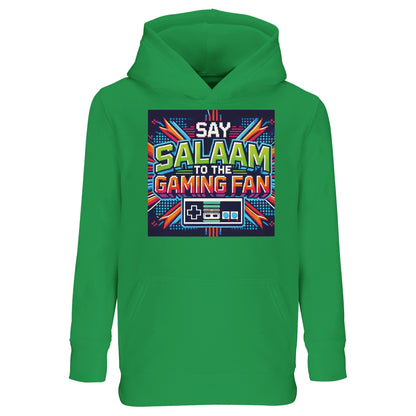 Say Salaam to the Gaming Fan Design #2 Part-Recycled Cotton-Poly Kids Hoodie – 8Y. Say Salaam supporter design celebrating Gaming. This slogan-led hoodie offers relaxed clothing and an original present for supporters.