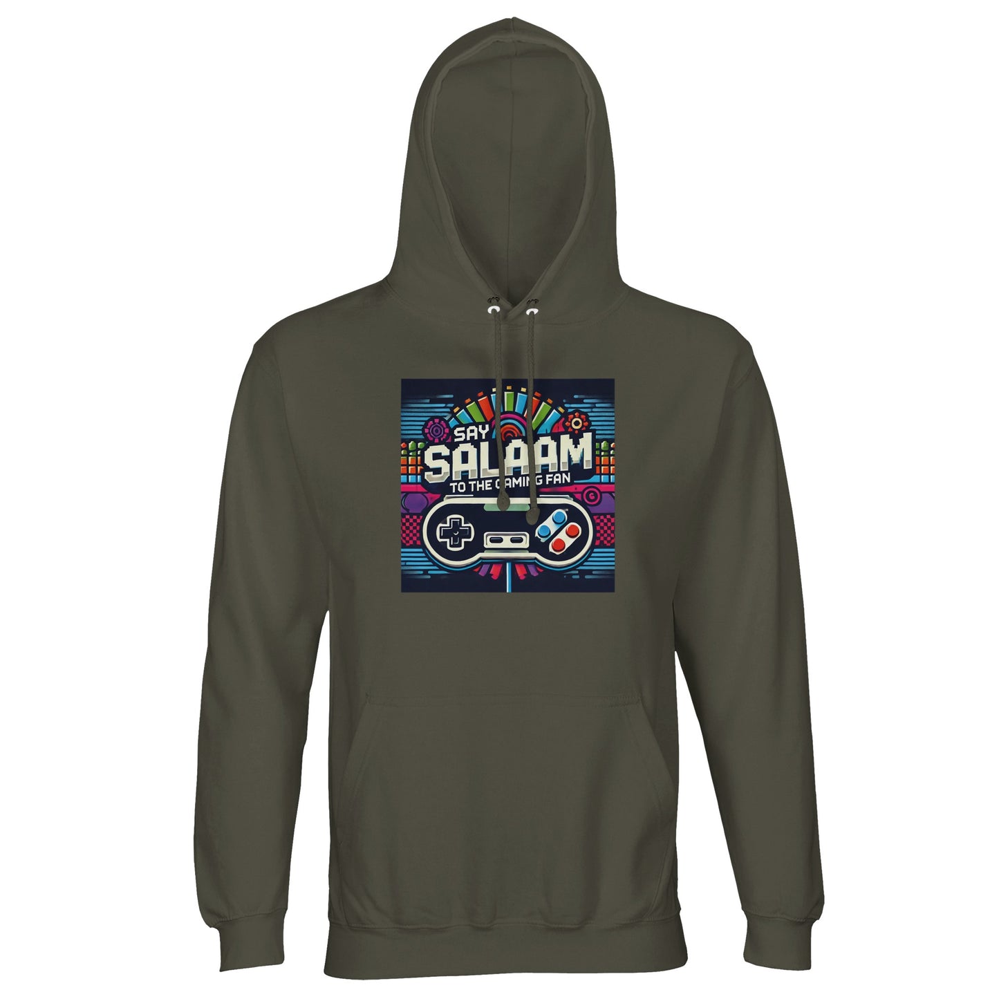 Army / Fuscous Grey Say Salaam to the Gaming Fan Design #4 part-recycled unisex cotton-poly hoodie in a muted military green shade featuring colourful vintage console artwork and Salaam typography. A durable hooded jumper for competitive multiplayer and relaxed gaming meetups, it blends understated street style with adult gamer culture energy and offers reliable comfort at a good price for modest Islamic-inspired clothing with strong visual impact.