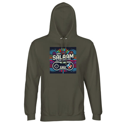 Army / Fuscous Grey Say Salaam to the Gaming Fan Design #4 part-recycled unisex cotton-poly hoodie in a muted military green shade featuring colourful vintage console artwork and Salaam typography. A durable hooded jumper for competitive multiplayer and relaxed gaming meetups, it blends understated street style with adult gamer culture energy and offers reliable comfort at a good price for modest Islamic-inspired clothing with strong visual impact.