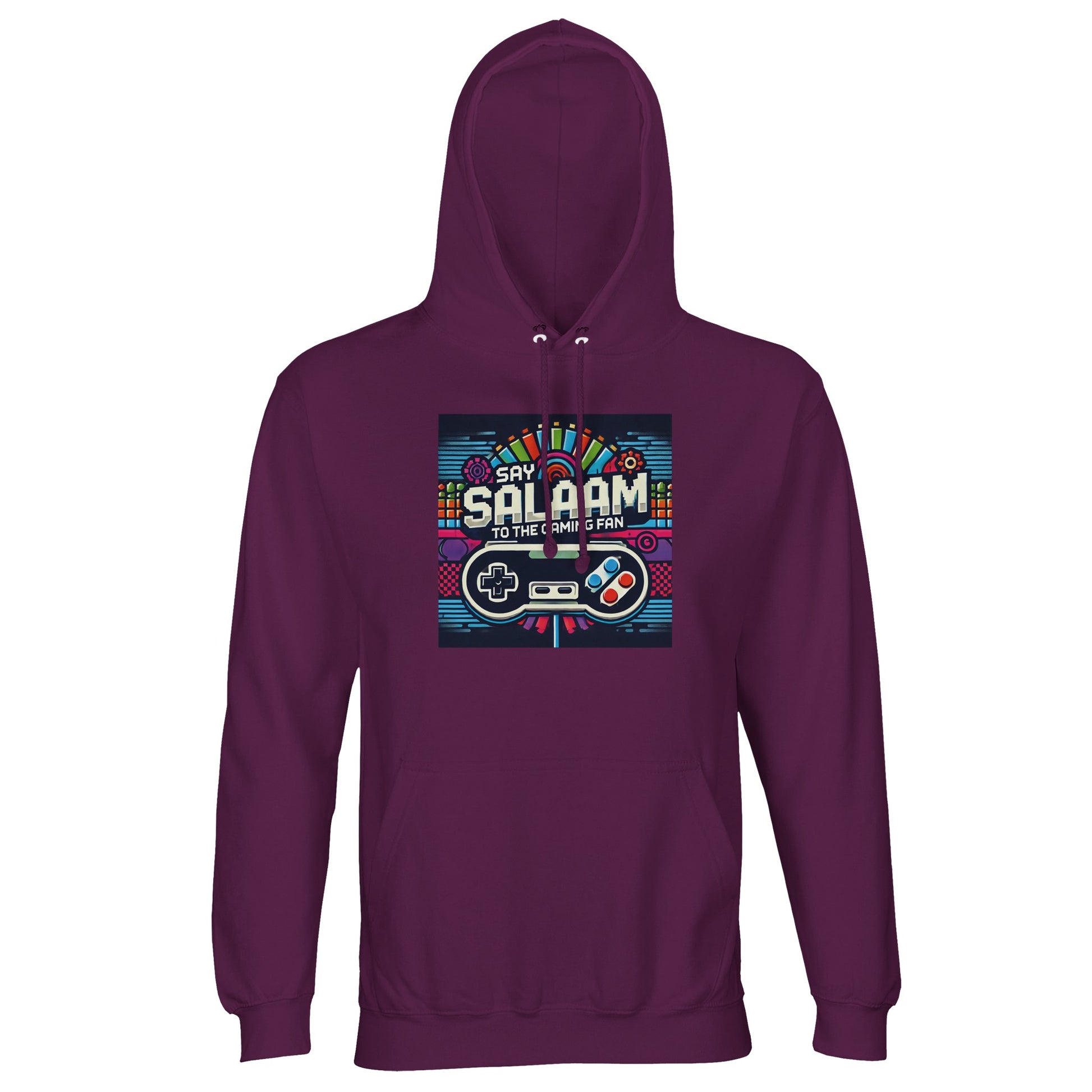Astral Purple / Wine Berry / Reddish Magenta Say Salaam to the Gaming Fan Design #4 part-recycled unisex cotton-poly hoodie in a rich purple tone with vibrant vintage gaming design and Salaam script. This hooded jumper suits creative gamers, online competitors and streaming enthusiasts, blending colour depth, arcade nostalgia and modest Muslim fashion at a good price for quality streetwear that stands out in gaming culture.