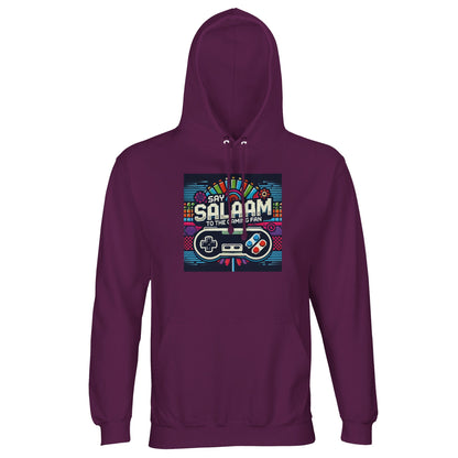 Astral Purple / Wine Berry / Reddish Magenta Say Salaam to the Gaming Fan Design #4 part-recycled unisex cotton-poly hoodie in a rich purple tone with vibrant vintage gaming design and Salaam script. This hooded jumper suits creative gamers, online competitors and streaming enthusiasts, blending colour depth, arcade nostalgia and modest Muslim fashion at a good price for quality streetwear that stands out in gaming culture.