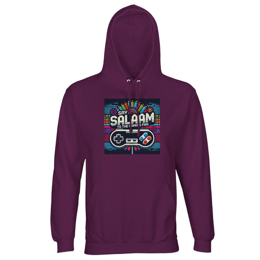 Astral Purple / Wine Berry / Reddish Magenta Say Salaam to the Gaming Fan Design #4 part-recycled unisex cotton-poly hoodie in a rich purple tone with vibrant vintage gaming design and Salaam script. This hooded jumper suits creative gamers, online competitors and streaming enthusiasts, blending colour depth, arcade nostalgia and modest Muslim fashion at a good price for quality streetwear that stands out in gaming culture.