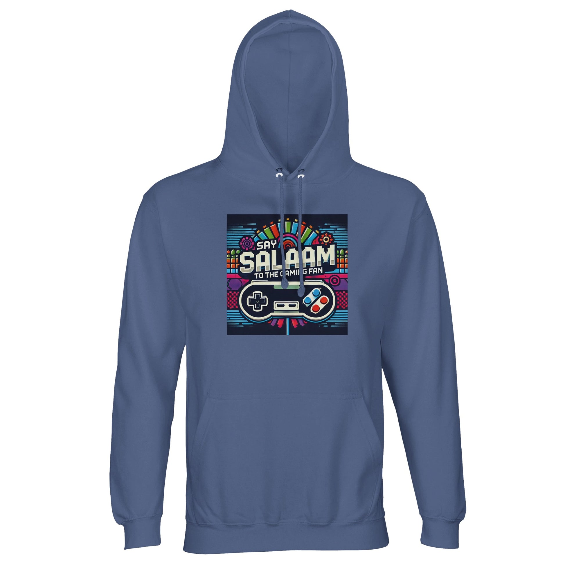 Blue / Marble Blue / Blue-Grey / Waikawa Grey Say Salaam to the Gaming Fan Design #4 part-recycled unisex cotton-poly hoodie in a cool blue tone highlighting the retro controller graphic and vibrant Salaam message. This hooded sweatshirt for adults doubles as a versatile jumper for gamers who rotate between FIFA, Call of Duty and online co-op sessions, combining casual comfort, layered warmth and affordable pricing at a cheap yet good price for contemporary Muslim gaming apparel.