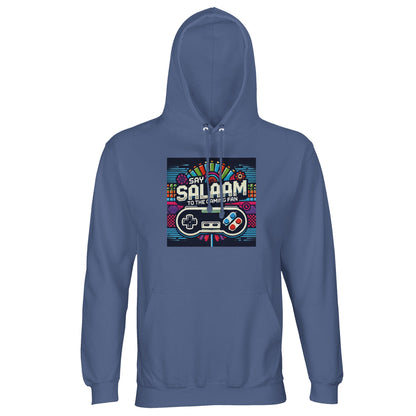 Blue / Marble Blue / Blue-Grey / Waikawa Grey Say Salaam to the Gaming Fan Design #4 part-recycled unisex cotton-poly hoodie in a cool blue tone highlighting the retro controller graphic and vibrant Salaam message. This hooded sweatshirt for adults doubles as a versatile jumper for gamers who rotate between FIFA, Call of Duty and online co-op sessions, combining casual comfort, layered warmth and affordable pricing at a cheap yet good price for contemporary Muslim gaming apparel.