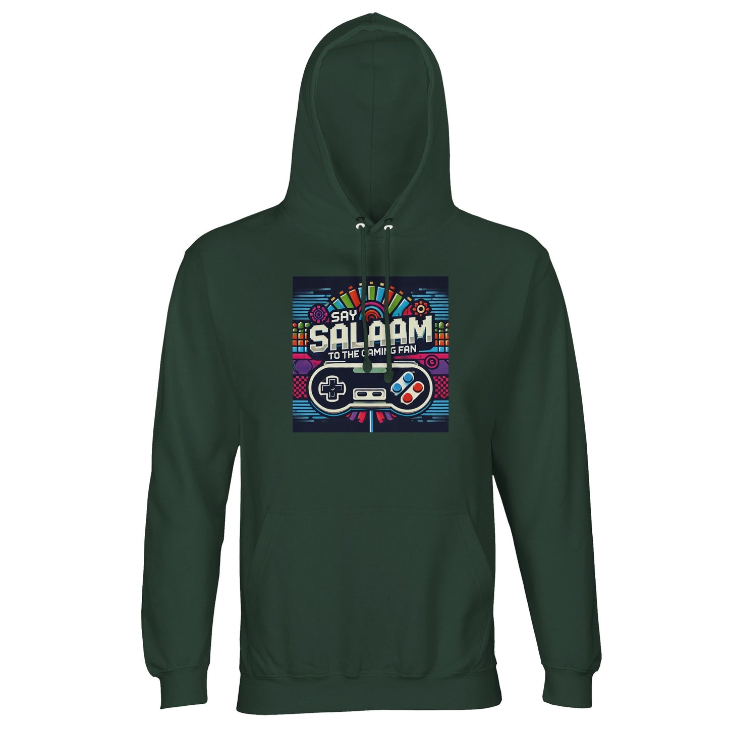 Bottle Green / Outer Space Say Salaam to the Gaming Fan Design #4 part-recycled unisex cotton-poly hoodie in a deep forest green tone accented by the colourful arcade-style gaming graphic and Salaam text. Styled as a cosy hooded adult jumper for console tournaments and streaming nights, it combines bold design, modest Muslim identity and everyday practicality at a good price for affordable yet premium-feel gamer streetwear.