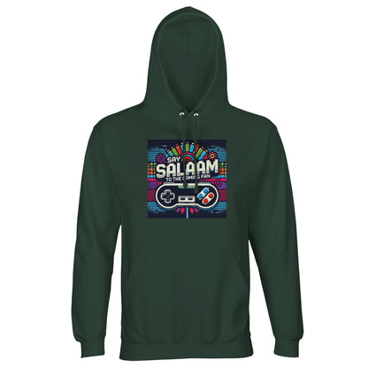 Bottle Green / Outer Space Say Salaam to the Gaming Fan Design #4 part-recycled unisex cotton-poly hoodie in a deep forest green tone accented by the colourful arcade-style gaming graphic and Salaam text. Styled as a cosy hooded adult jumper for console tournaments and streaming nights, it combines bold design, modest Muslim identity and everyday practicality at a good price for affordable yet premium-feel gamer streetwear.
