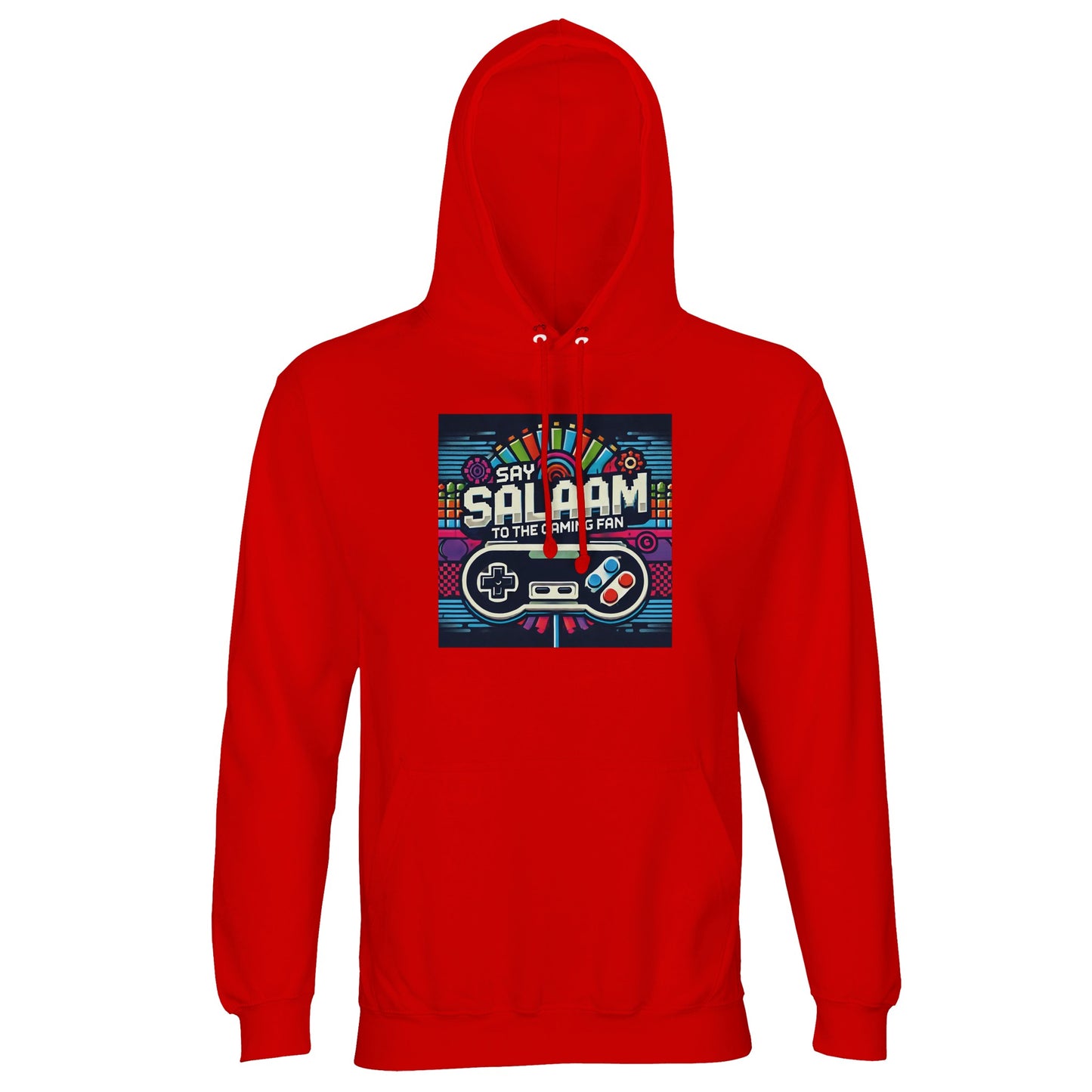 Bright Red / Rosso Corsa Say Salaam to the Gaming Fan Design #4 part-recycled unisex cotton-poly hoodie in a vivid red shade featuring retro console artwork and strong Salaam branding across the chest. A standout hooded sweatshirt and casual jumper for PlayStation and Xbox gamers, ideal for multiplayer matches and esports events, offering warmth, visual impact and a cheap yet good price for bold Islamic gamer clothing.
