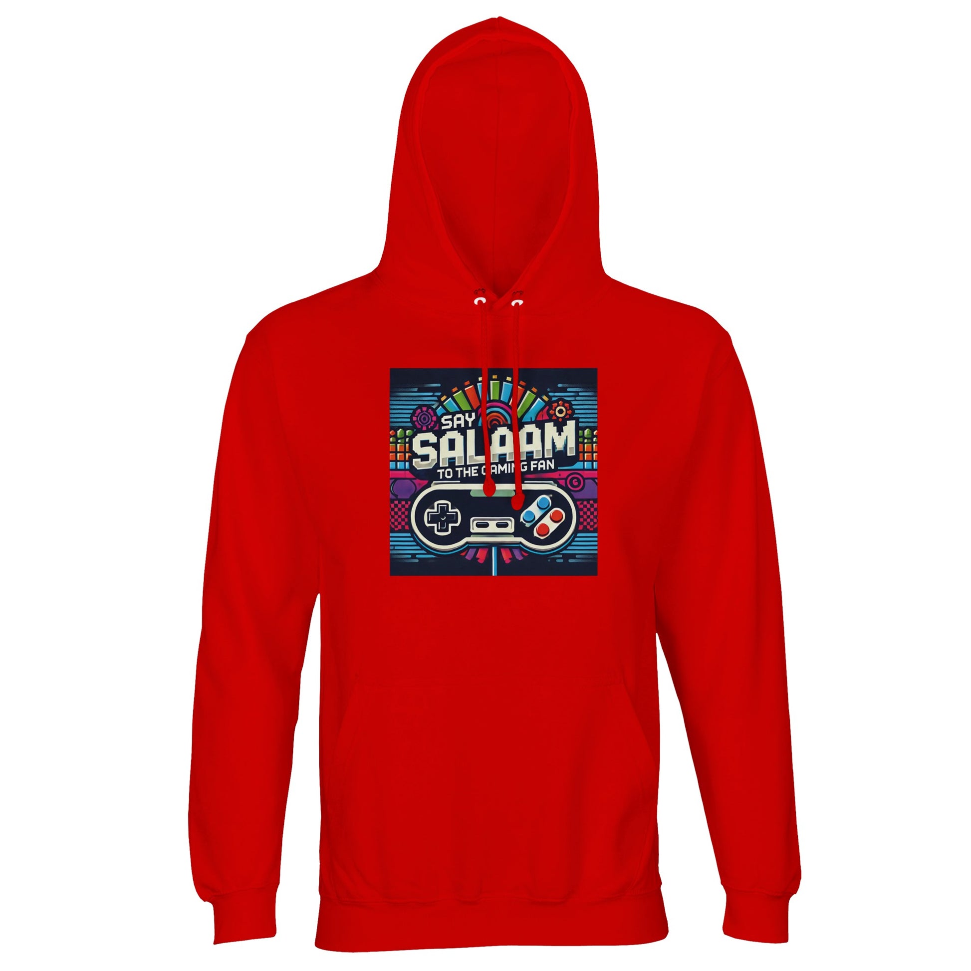 Bright Red / Rosso Corsa Say Salaam to the Gaming Fan Design #4 part-recycled unisex cotton-poly hoodie in a vivid red shade featuring retro console artwork and strong Salaam branding across the chest. A standout hooded sweatshirt and casual jumper for PlayStation and Xbox gamers, ideal for multiplayer matches and esports events, offering warmth, visual impact and a cheap yet good price for bold Islamic gamer clothing.