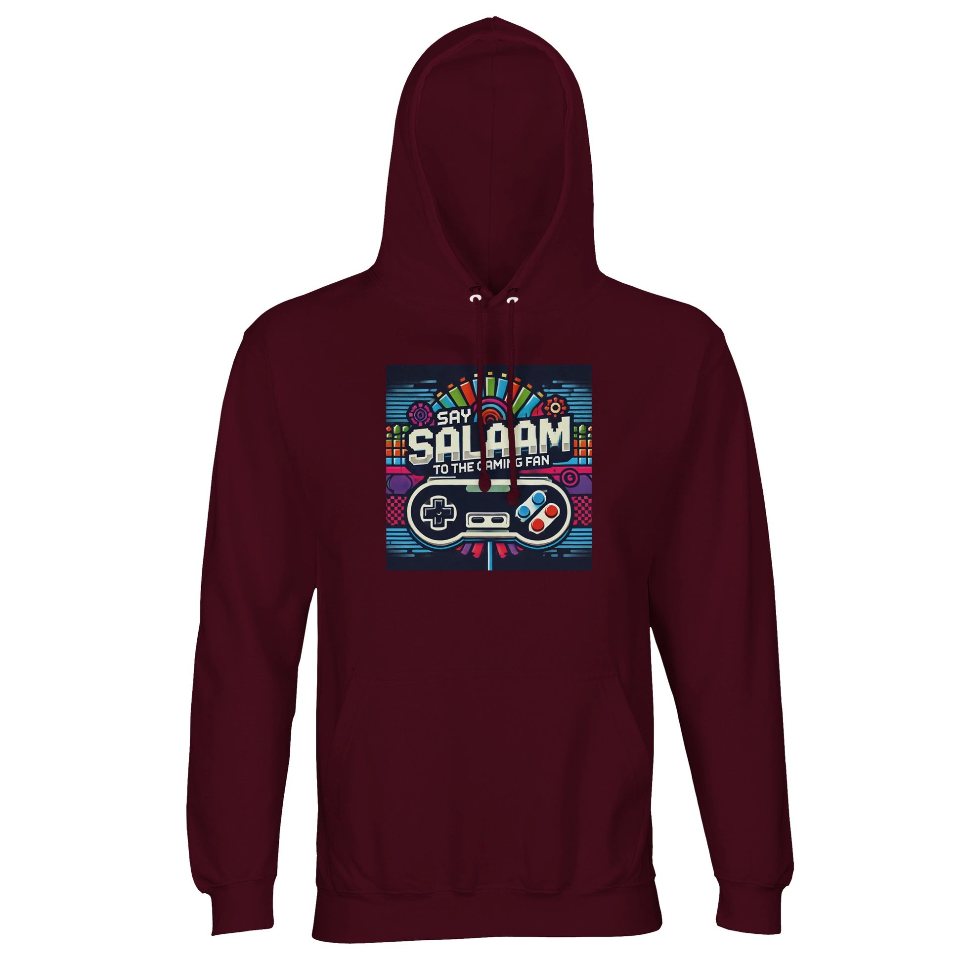 Burgundy / Dark Sienna Say Salaam to the Gaming Fan Design #4 part-recycled unisex cotton-poly hoodie in a deep burgundy tone featuring vibrant arcade-style controller artwork and bold Salaam lettering. An adult distinctive hooded jumper for online tournaments, console battles and streaming nights, it merges rich colour, modest fashion appeal and dependable comfort at a good price for standout Islamic gamer streetwear.