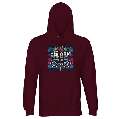 Burgundy / Dark Sienna Say Salaam to the Gaming Fan Design #4 part-recycled unisex cotton-poly hoodie in a deep burgundy tone featuring vibrant arcade-style controller artwork and bold Salaam lettering. An adult distinctive hooded jumper for online tournaments, console battles and streaming nights, it merges rich colour, modest fashion appeal and dependable comfort at a good price for standout Islamic gamer streetwear.