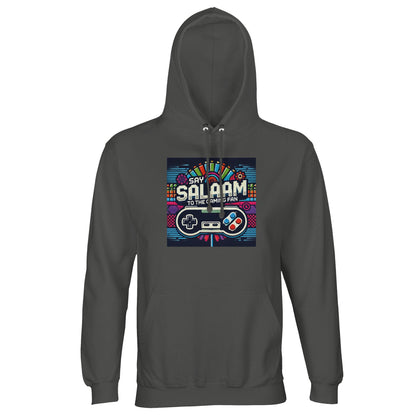 Charcoal Melange / Black Cow Say Salaam to the Gaming Fan Design #4 part-recycled unisex cotton-poly hoodie in a dark marl charcoal finish showcasing the bright retro gaming fan design and bold Salaam lettering. This hooded sweatshirt and everyday jumper suits esports followers, headset chats and long online sessions, delivering modern streetwear appeal, layered comfort and excellent value at a cheap yet good price for Muslim gamer fashion.