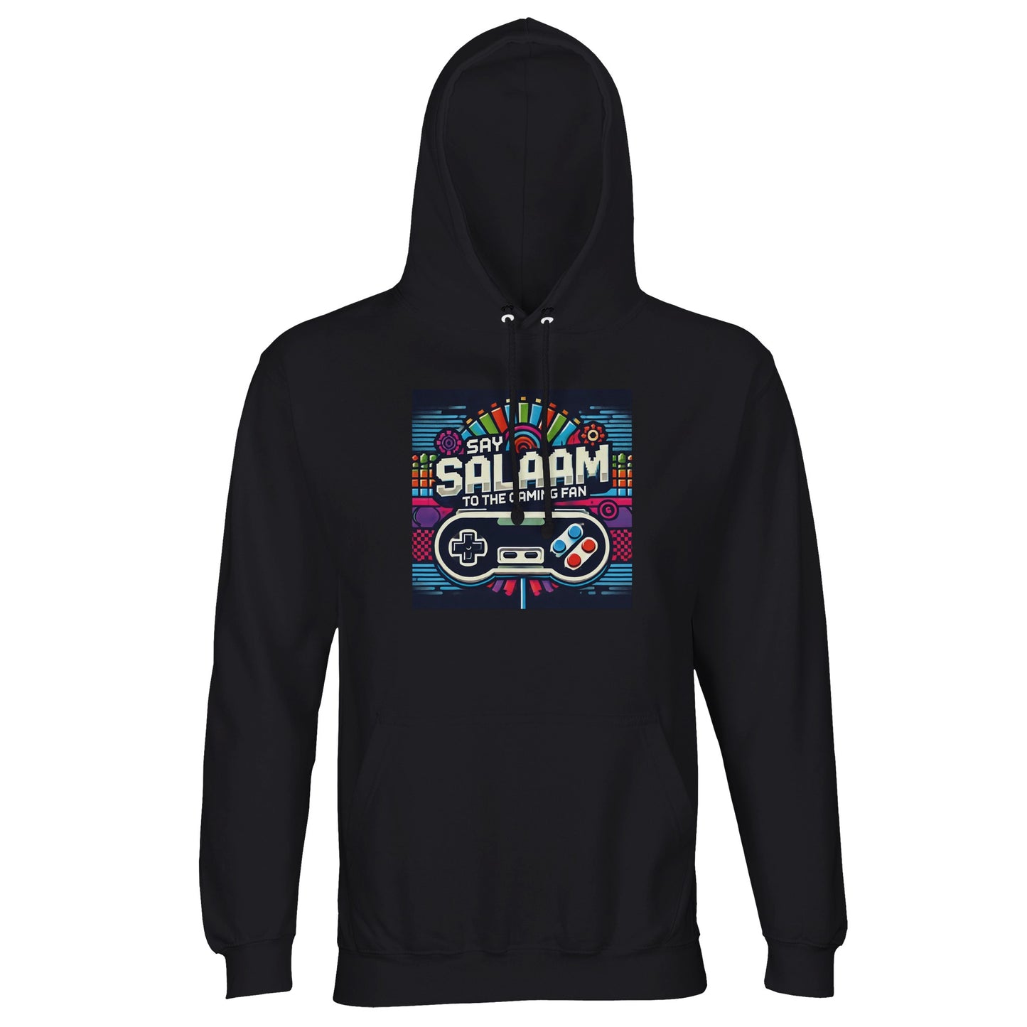 Deep Black / Zeus Say Salaam to the Gaming Fan Design #4 part-recycled unisex cotton-poly hoodie in a solid black finish that makes the colourful retro gaming design and Salaam script stand out sharply. This hooded sweatshirt and go-to jumper for serious gamers and esports fans combines understated style, versatile wearability and a cheap yet good price for quality Muslim streetwear rooted in gaming culture.