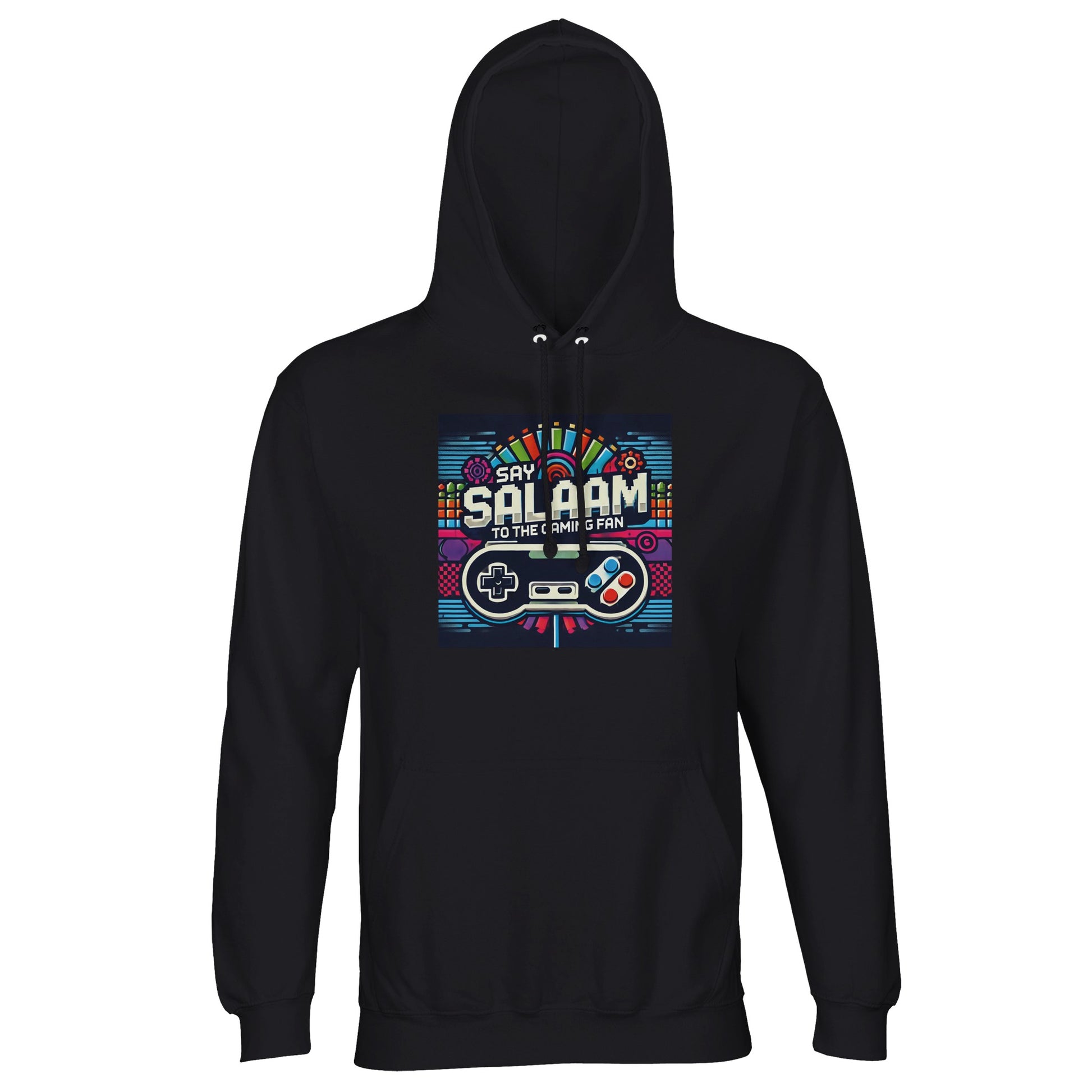 Deep Black / Zeus Say Salaam to the Gaming Fan Design #4 part-recycled unisex cotton-poly hoodie in a solid black finish that makes the colourful retro gaming design and Salaam script stand out sharply. This hooded sweatshirt and go-to jumper for serious gamers and esports fans combines understated style, versatile wearability and a cheap yet good price for quality Muslim streetwear rooted in gaming culture.