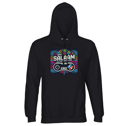 Deep Black / Zeus Say Salaam to the Gaming Fan Design #4 part-recycled unisex cotton-poly hoodie in a solid black finish that makes the colourful retro gaming design and Salaam script stand out sharply. This hooded sweatshirt and go-to jumper for serious gamers and esports fans combines understated style, versatile wearability and a cheap yet good price for quality Muslim streetwear rooted in gaming culture.