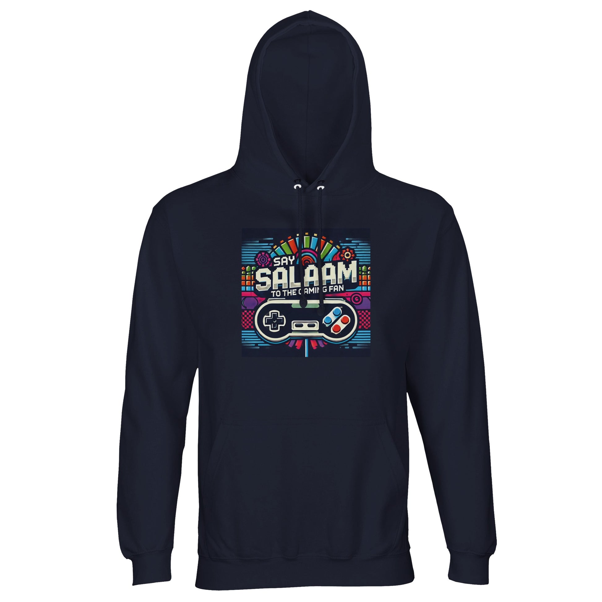 French Navy / Ebony Clay Say Salaam to the Gaming Fan Design #4 part-recycled unisex cotton-poly hoodie in a classic dark navy shade highlighting the colourful retro gaming fan graphic and Salaam lettering. Designed as a versatile hooded sweatshirt and everyday jumper for esports tournaments and casual console play, it offers timeless style, reliable comfort and strong value at a cheap yet good price for Muslim gamer apparel.