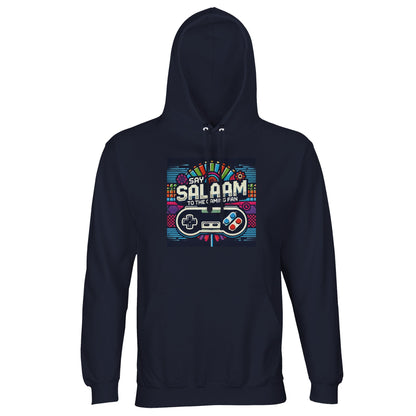 French Navy / Ebony Clay Say Salaam to the Gaming Fan Design #4 part-recycled unisex cotton-poly hoodie in a classic dark navy shade highlighting the colourful retro gaming fan graphic and Salaam lettering. Designed as a versatile hooded sweatshirt and everyday jumper for esports tournaments and casual console play, it offers timeless style, reliable comfort and strong value at a cheap yet good price for Muslim gamer apparel.