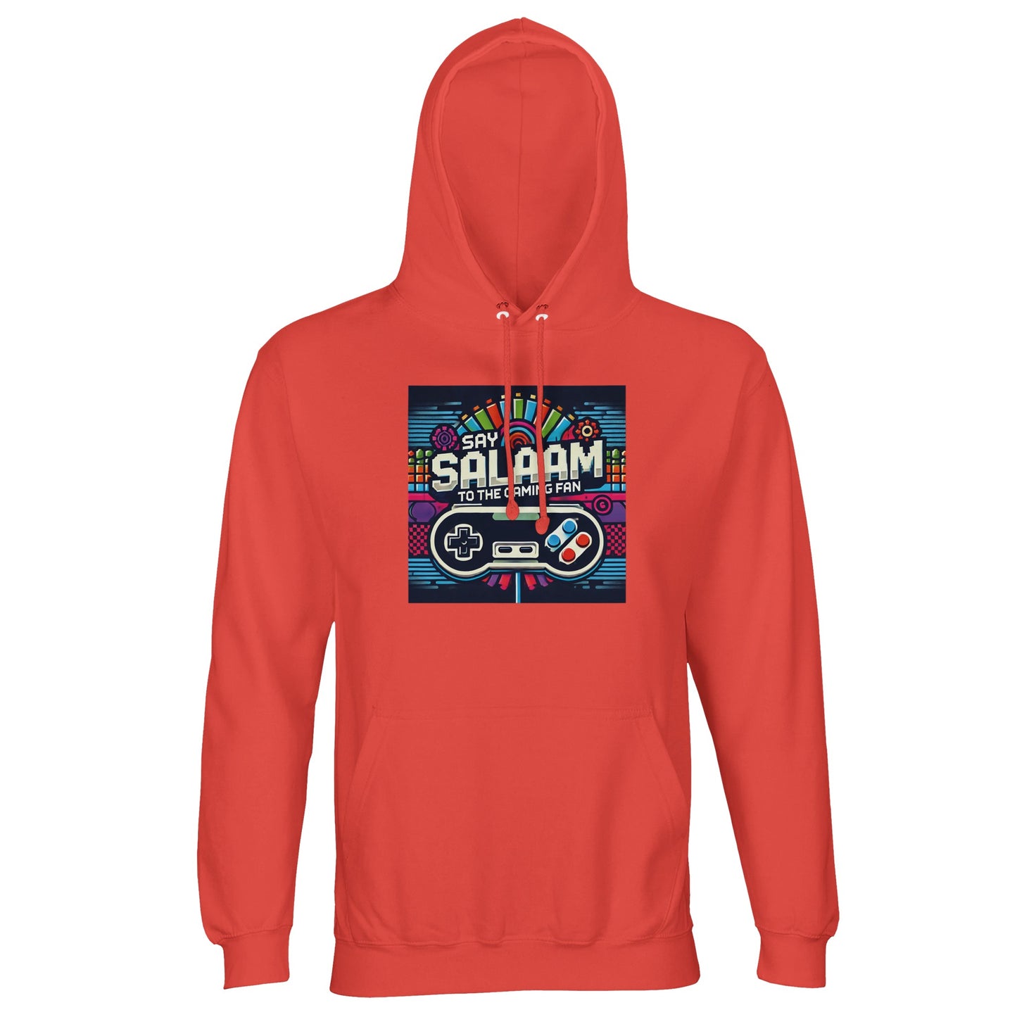 Pop Orange / Jasper / Faded Red Say Salaam to the Gaming Fan Design #4 part-recycled unisex cotton-poly hoodie in a striking orange-red shade with vintage-inspired gaming artwork and bold Salaam script. Designed as a comfortable hooded jumper for console fans and esports enthusiasts, it suits online multiplayer, streaming nights and competitive play while offering eye-catching colour, modest Islamic identity and impressive value at a good price point for quality gamer streetwear.