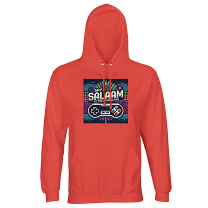 Pop Orange / Jasper / Faded Red Say Salaam to the Gaming Fan Design #4 part-recycled unisex cotton-poly hoodie in a striking orange-red shade with vintage-inspired gaming artwork and bold Salaam script. Designed as a comfortable hooded jumper for console fans and esports enthusiasts, it suits online multiplayer, streaming nights and competitive play while offering eye-catching colour, modest Islamic identity and impressive value at a good price point for quality gamer streetwear.