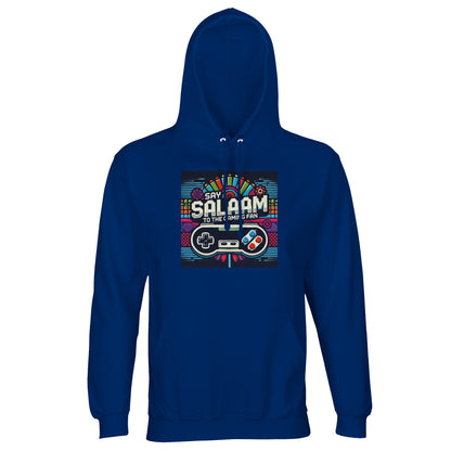 Royal Blue / Dark Midnight Blue Say Salaam to the Gaming Fan Design #4 part-recycled unisex cotton-poly hoodie in a bold royal blue tone featuring arcade-inspired artwork and eye-catching Salaam text. A comfortable hooded jumper for multiplayer sessions, FIFA leagues and Call of Duty matches, it delivers layered warmth, confident street style and an accessible good price for high-impact Islamic gaming clothing.