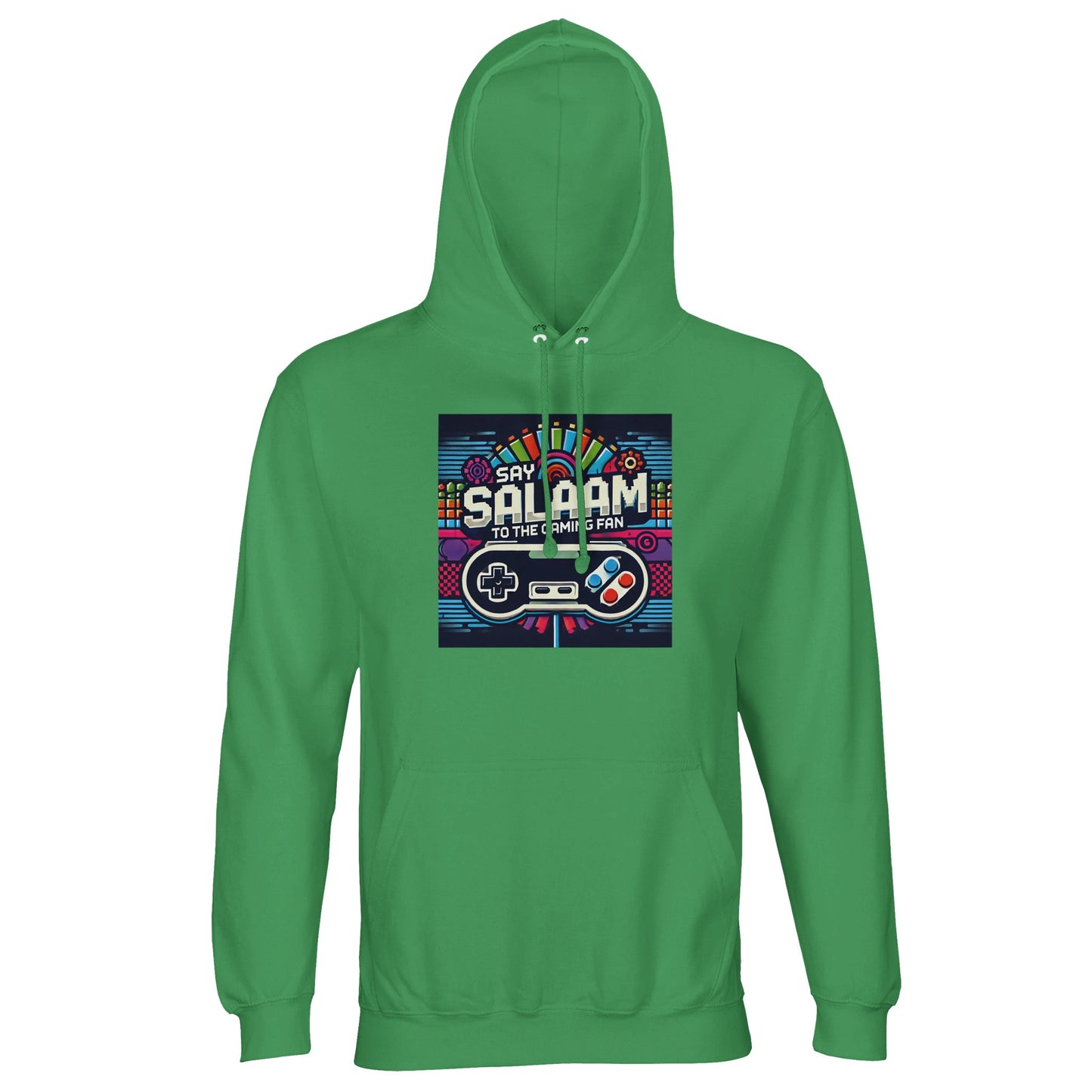 Spring Green / Sea Green / Eucalyptus Say Salaam to the Gaming Fan Design #4 part-recycled unisex cotton-poly hoodie in a vibrant green tone featuring a bold retro arcade-style console graphic and colourful Salaam lettering across the chest. This hooded sweatshirt also works as a relaxed everyday jumper for gamers into multiplayer battles, online tournaments, PlayStation, Xbox, FIFA and Call of Duty sessions, delivering cosy streetwear layering at a cheap, good price for standout Muslim gamer fashion.