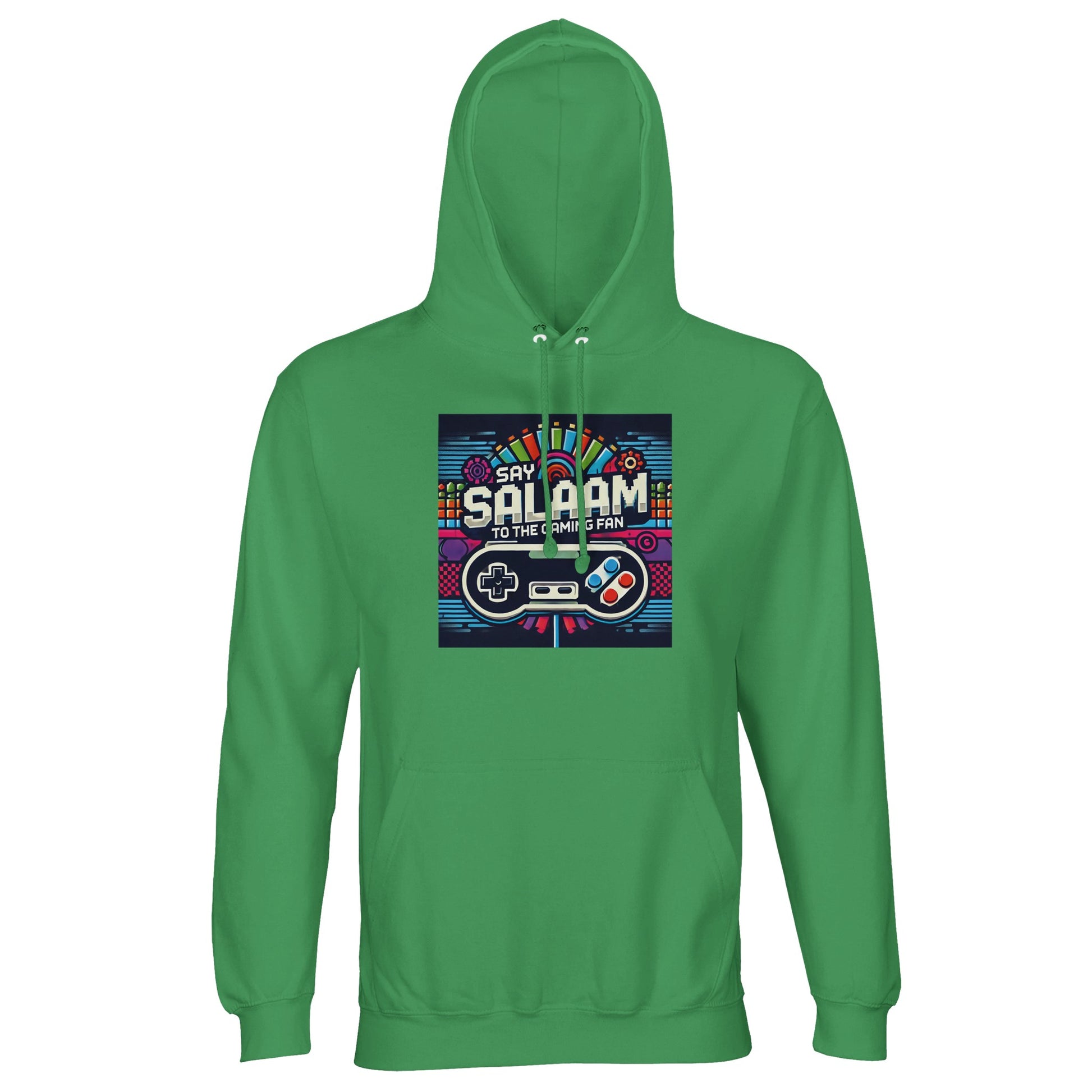Spring Green / Sea Green / Eucalyptus Say Salaam to the Gaming Fan Design #4 part-recycled unisex cotton-poly hoodie in a vibrant green tone featuring a bold retro arcade-style console graphic and colourful Salaam lettering across the chest. This hooded sweatshirt also works as a relaxed everyday jumper for gamers into multiplayer battles, online tournaments, PlayStation, Xbox, FIFA and Call of Duty sessions, delivering cosy streetwear layering at a cheap, good price for standout Muslim gamer fashion.