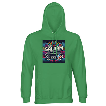 Spring Green / Sea Green / Eucalyptus Say Salaam to the Gaming Fan Design #4 part-recycled unisex cotton-poly hoodie in a vibrant green tone featuring a bold retro arcade-style console graphic and colourful Salaam lettering across the chest. This hooded sweatshirt also works as a relaxed everyday jumper for gamers into multiplayer battles, online tournaments, PlayStation, Xbox, FIFA and Call of Duty sessions, delivering cosy streetwear layering at a cheap, good price for standout Muslim gamer fashion.