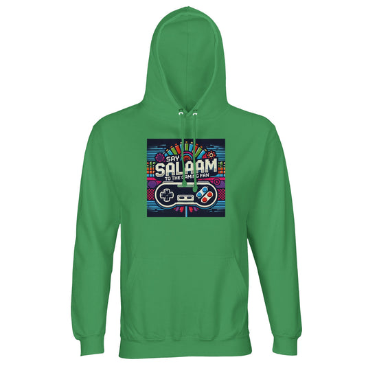 Spring Green / Sea Green / Eucalyptus Say Salaam to the Gaming Fan Design #4 part-recycled unisex cotton-poly hoodie in a vibrant green tone featuring a bold retro arcade-style console graphic and colourful Salaam lettering across the chest. This hooded sweatshirt also works as a relaxed everyday jumper for gamers into multiplayer battles, online tournaments, PlayStation, Xbox, FIFA and Call of Duty sessions, delivering cosy streetwear layering at a cheap, good price for standout Muslim gamer fashion.