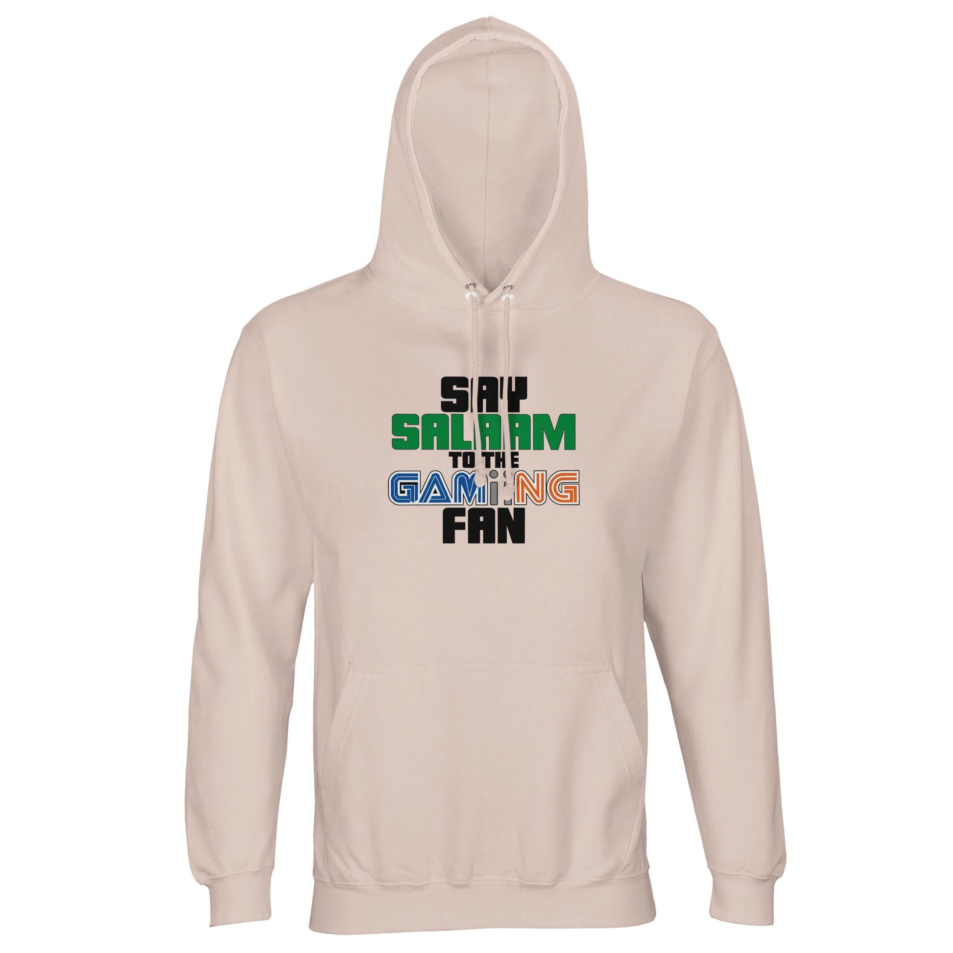 Say Salaam to the Gaming Fan Original Part-Recycled Cotton-Poly Hoodie – Creamy Pink / Oyster Pink featuring playful, multicolour text with ‘Salaam’ in green and nostalgic gaming font below. A modest, sustainable hoodie for Muslim gamers who stream, mod, or chat on Discord between prayers. Built for Pokémon lovers, FNAF nights, Minecraft worlds, or COD squads. Cosy pastel streetwear with bold graphic flair, perfect for halal fun, retro feels and asking if gaming can be a faith-led hobby.