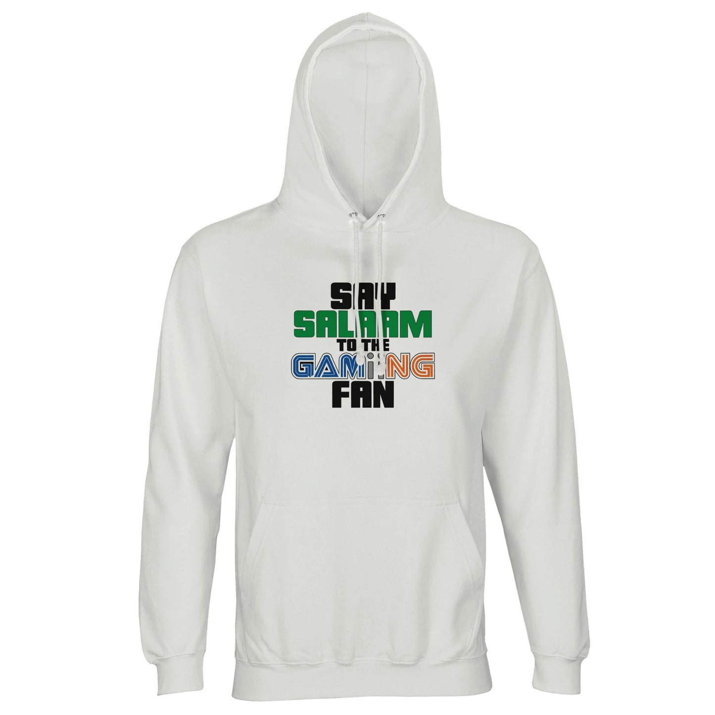 Say Salaam to the Gaming Fan Original Part-Recycled Cotton-Poly Hoodie – White / Platinum featuring multicolour bold gaming-style lettering with ‘Salaam’ in green and retro-inspired ‘GAMING’ font. A modest graphic pullover hoodie for Muslim fans of Pokémon, Minecraft, GTA, Sonic, FNAF and COD. Designed for streamers, Discord hangouts or anyone asking: is gaming haram? Sustainable streetwear for all genders – soft, faith-rooted, and ready to press start on halal fun.