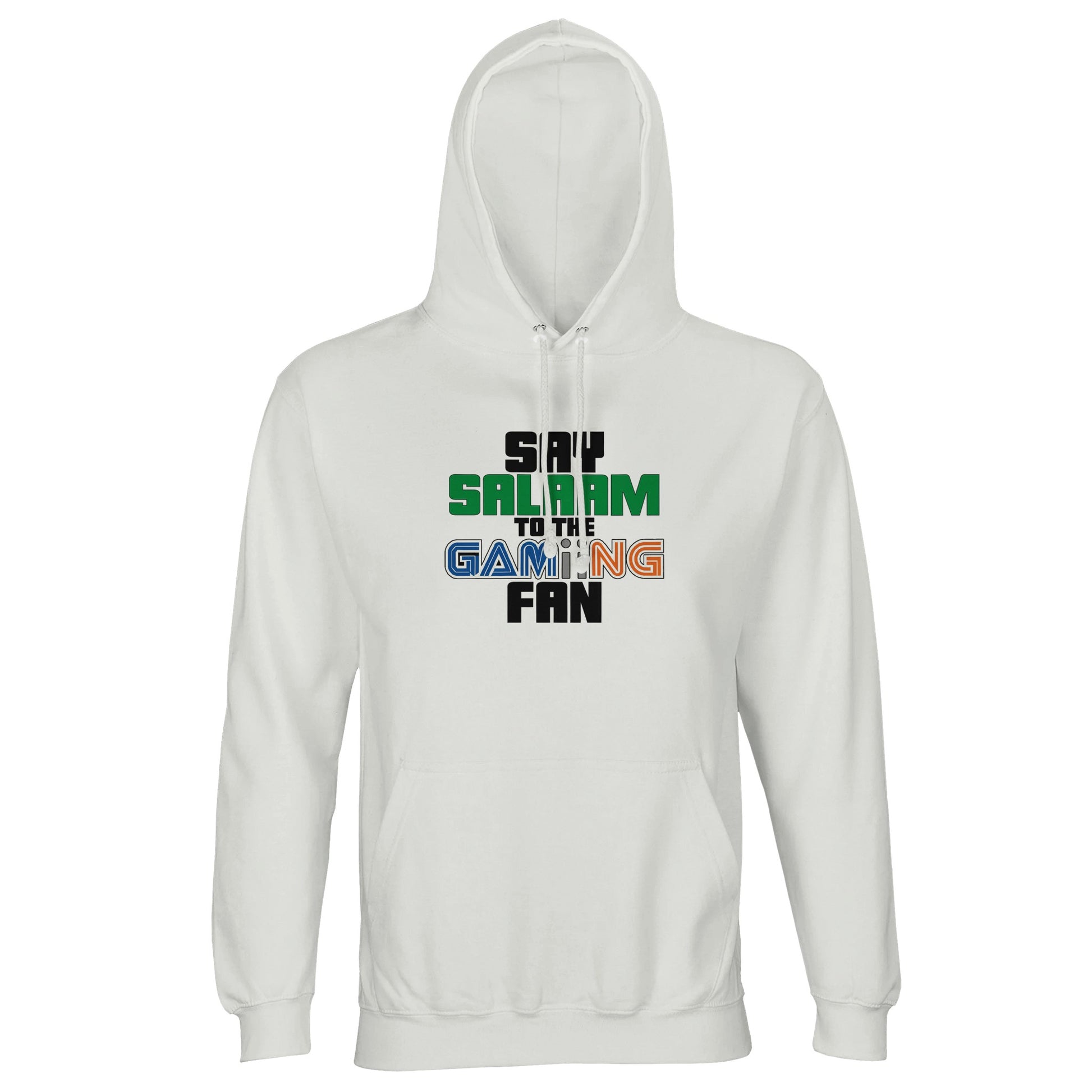 Say Salaam to the Gaming Fan Original Part-Recycled Cotton-Poly Hoodie – White / Platinum featuring multicolour bold gaming-style lettering with ‘Salaam’ in green and retro-inspired ‘GAMING’ font. A modest graphic pullover hoodie for Muslim fans of Pokémon, Minecraft, GTA, Sonic, FNAF and COD. Designed for streamers, Discord hangouts or anyone asking: is gaming haram? Sustainable streetwear for all genders – soft, faith-rooted, and ready to press start on halal fun.